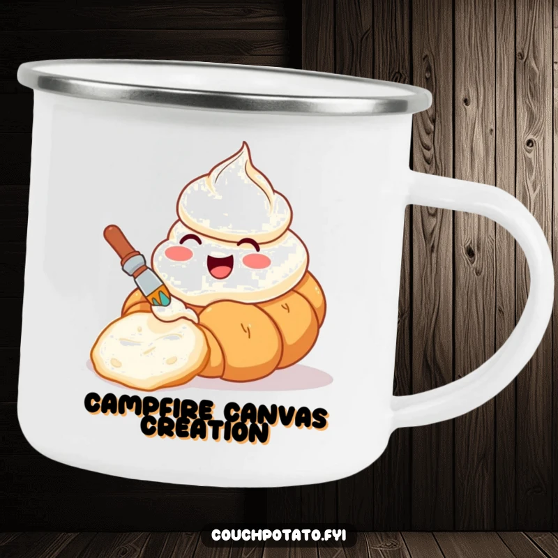 Funny camping mug with a delighted cream cheese tub painting a croissant, perfect for artistic outdoor moments.