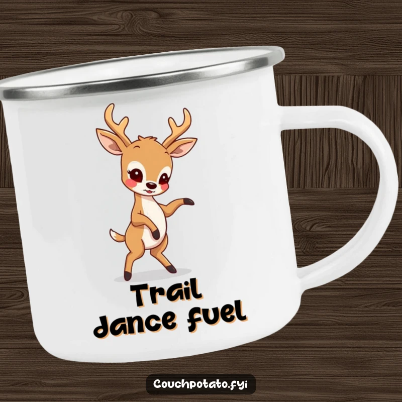 Funny camping mug depicting a deer in a playful dance pose, designed for adventurers who enjoy a touch of humor with their morning brew.