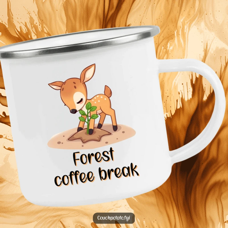 Funny deer camping mug, a playful deer pats soil around a sapling, perfect for enjoying beverages outdoors.