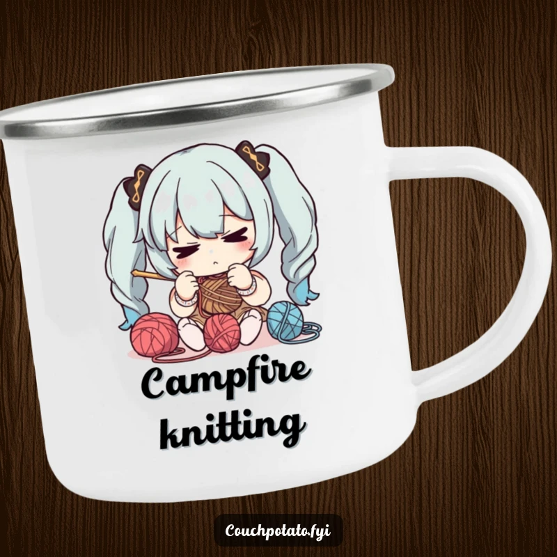 Funny, durable camping mug featuring a character intensely focused on yarn and needles, perfect for outdoor crafting enthusiasts.