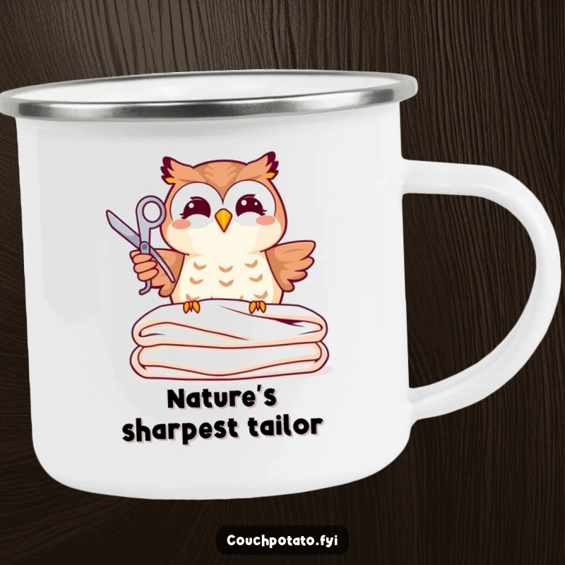 Funny joyful owl holding scissors above folded fabric, printed on a durable, funny enamel camping mug.
