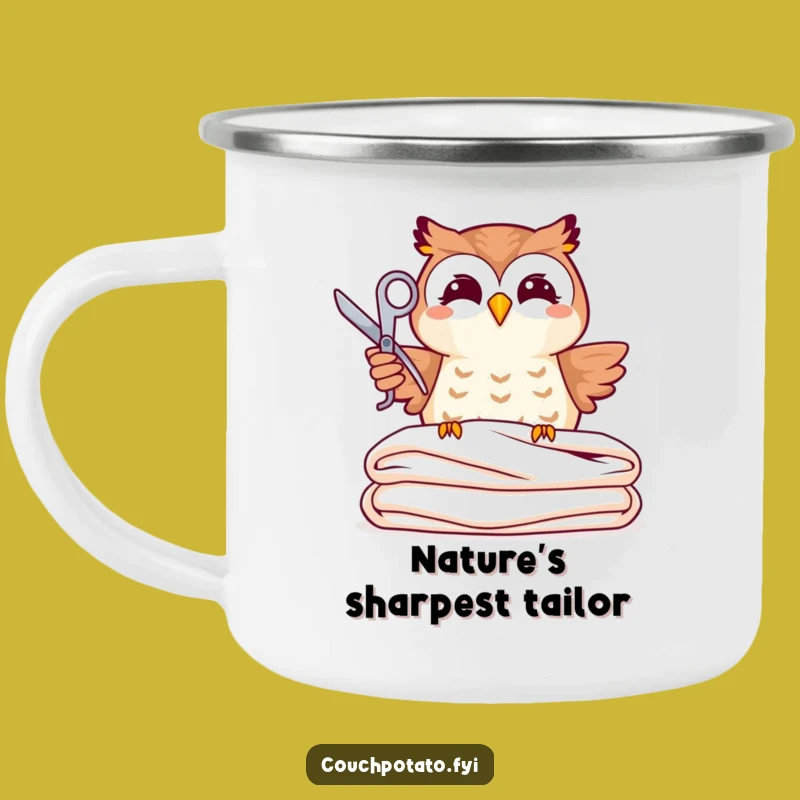 Funny Joyful Owl Sewing Camping Mug: Whimsical Owl Crafting Enamel Mug