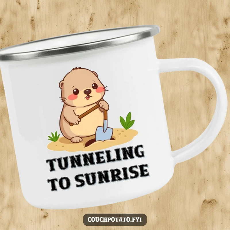 Funny mole digger camping mug, a diligent mole using a spade to dig a small hole, sturdy and humorous outdoor drinkware.