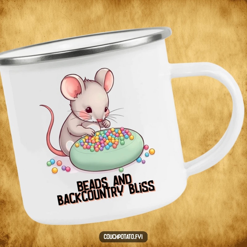 Funny Mouse Camping Mug: A skilled mouse meticulously arranges tiny beads onto a craft project, perfect for outdoor crafting.
