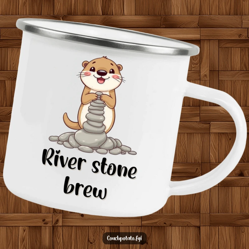Funny camping mug featuring a happy otter building a small pebble tower, designed for outdoor enthusiasts who appreciate humor and nature.