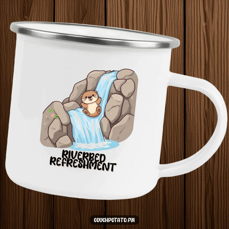 Funny Camping Mug: A playful otter slides down a rocky waterfall, perfect for outdoor adventures and humorous hydration.