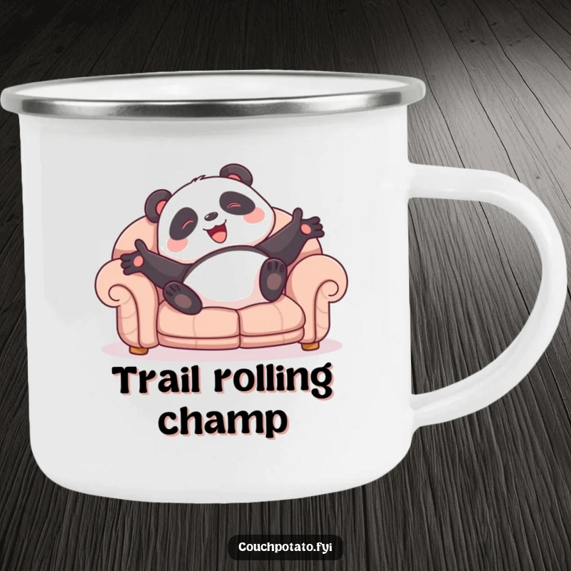 Funny panda camping mug with a giggling character rolling on a sofa, perfect for enjoying drinks in the great outdoors.