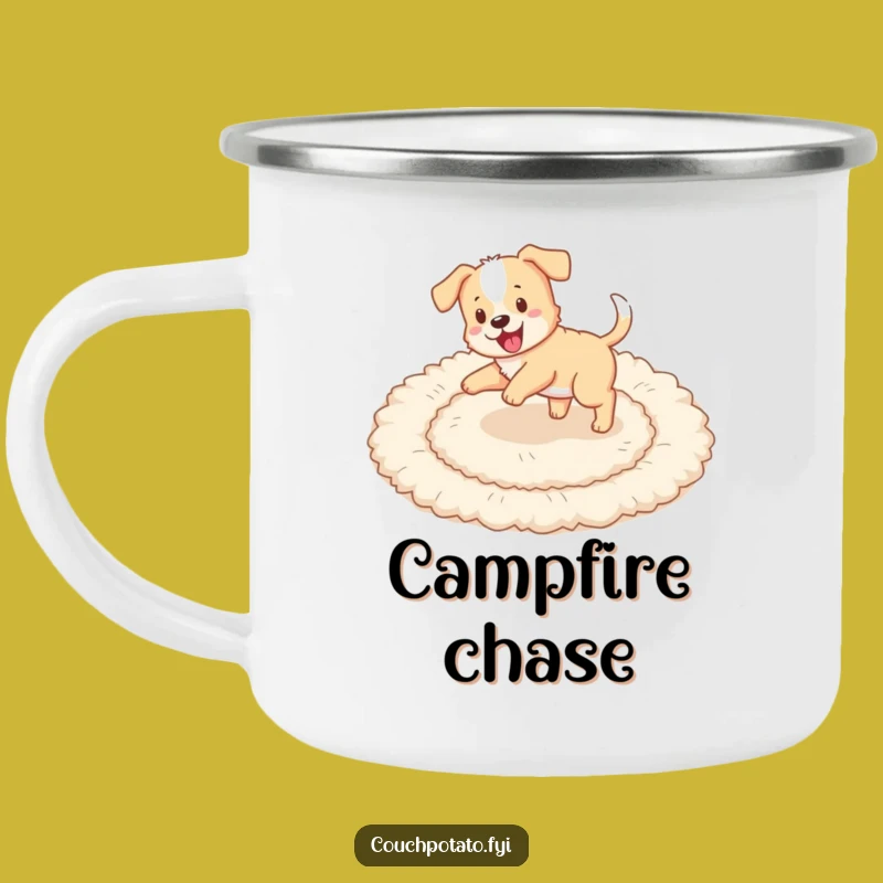 Funny Puppy Tail Chase Camping Mug: Durable Puppy Playing, Hilarious Outdoor Gift