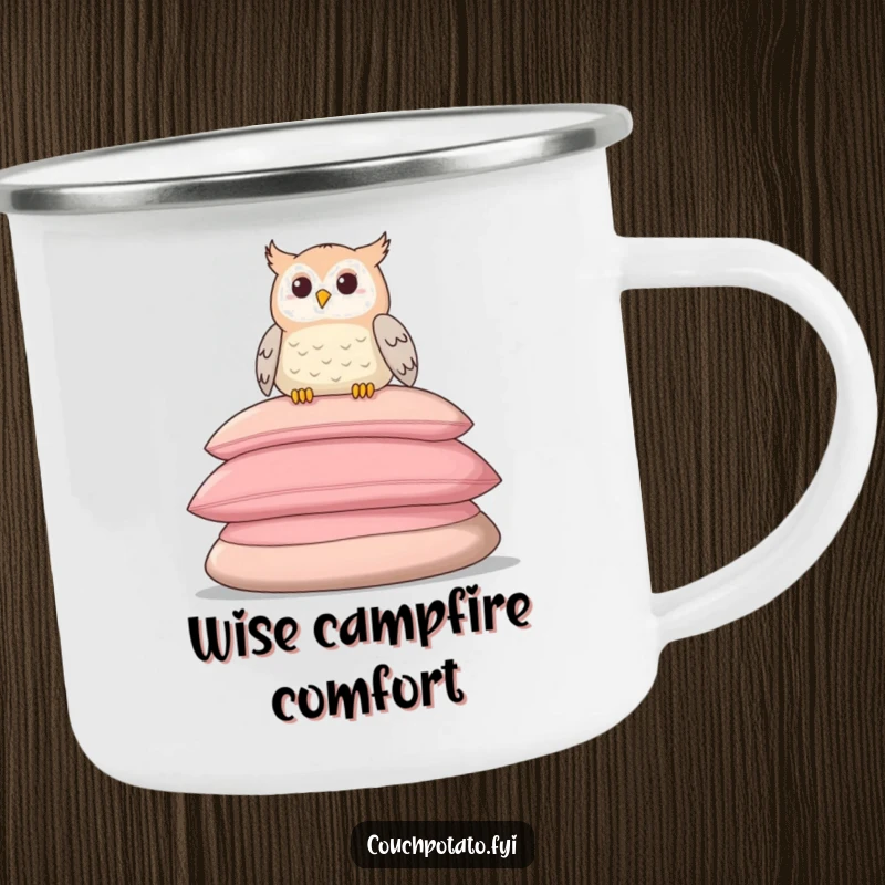 Funny camping mug featuring a relaxed owl on cushions, for peaceful outdoor enjoyment.