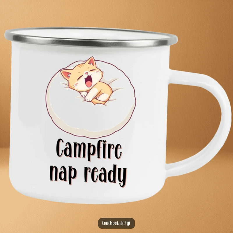 Funny sleepy cat camping mug with a cat curled on a giant pillow, yawning widely, perfect for warm beverages in the wild.