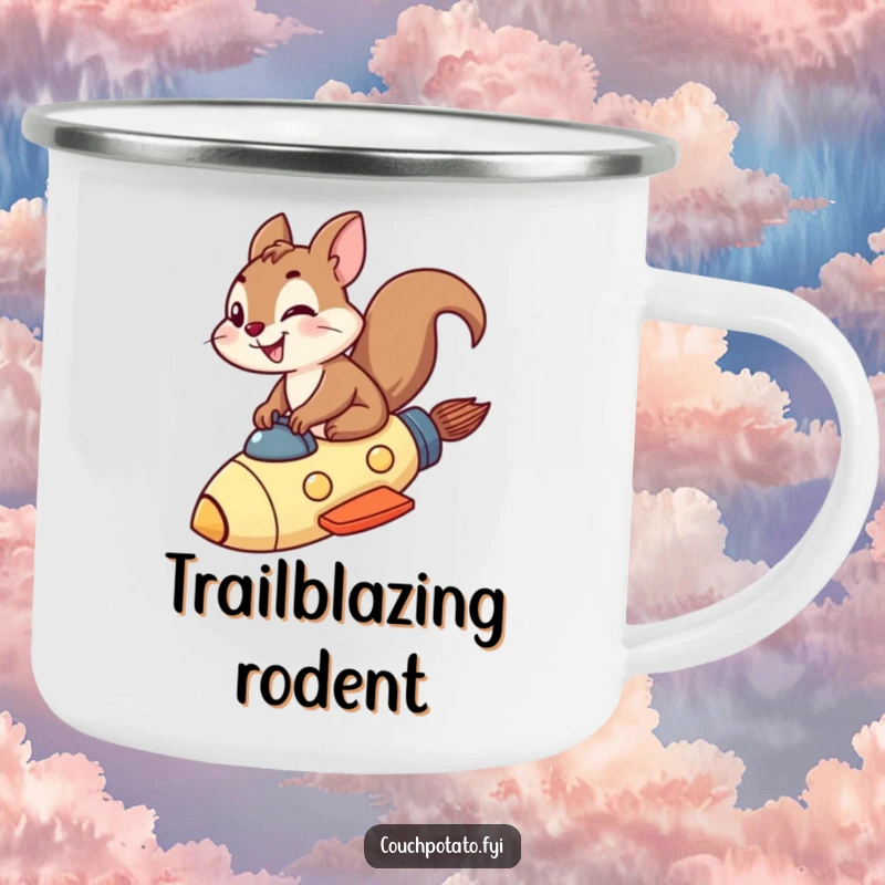 Funny squirrel rocket camping mug showing a grinning squirrel riding a rocket ship on an outdoor adventure.