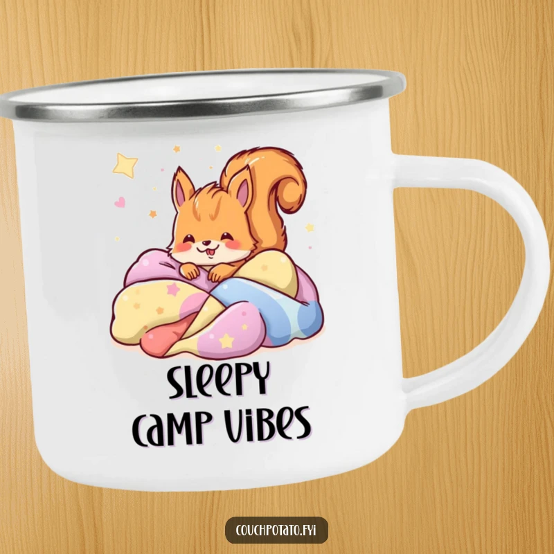 Funny squirrel buried in colorful blankets dreaming, depicted on a rugged camping mug.