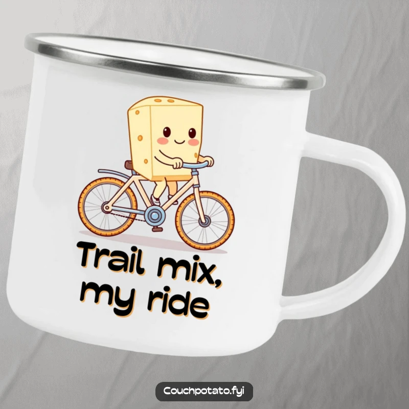 Funny cream cheese riding a cracker bike, depicted on a sturdy camping mug, ideal for outdoor adventures and morning coffee.