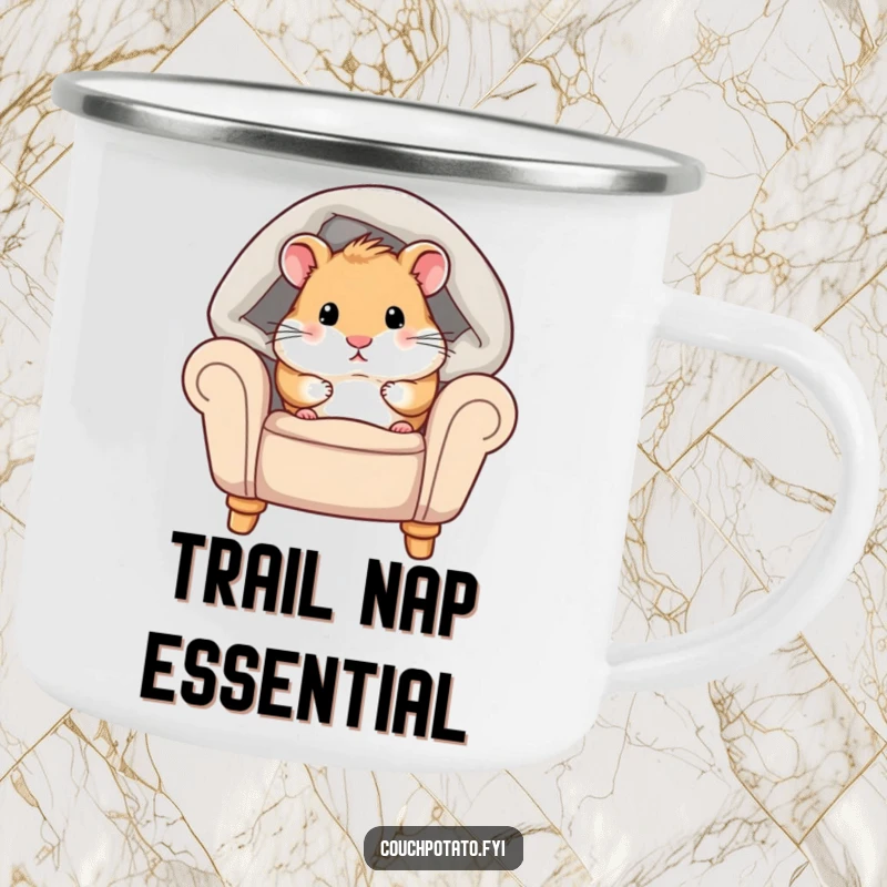 Funny hamster camping mug with a chubby hamster peeking from under a cozy blanket on an armchair, for warm drinks on the go.