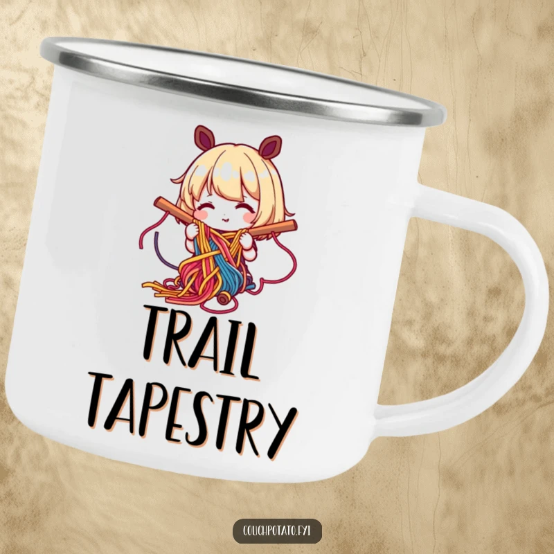 Funny camping mug of a happy character weaving colorful yarn into a complex pattern, celebrating outdoor artistry.