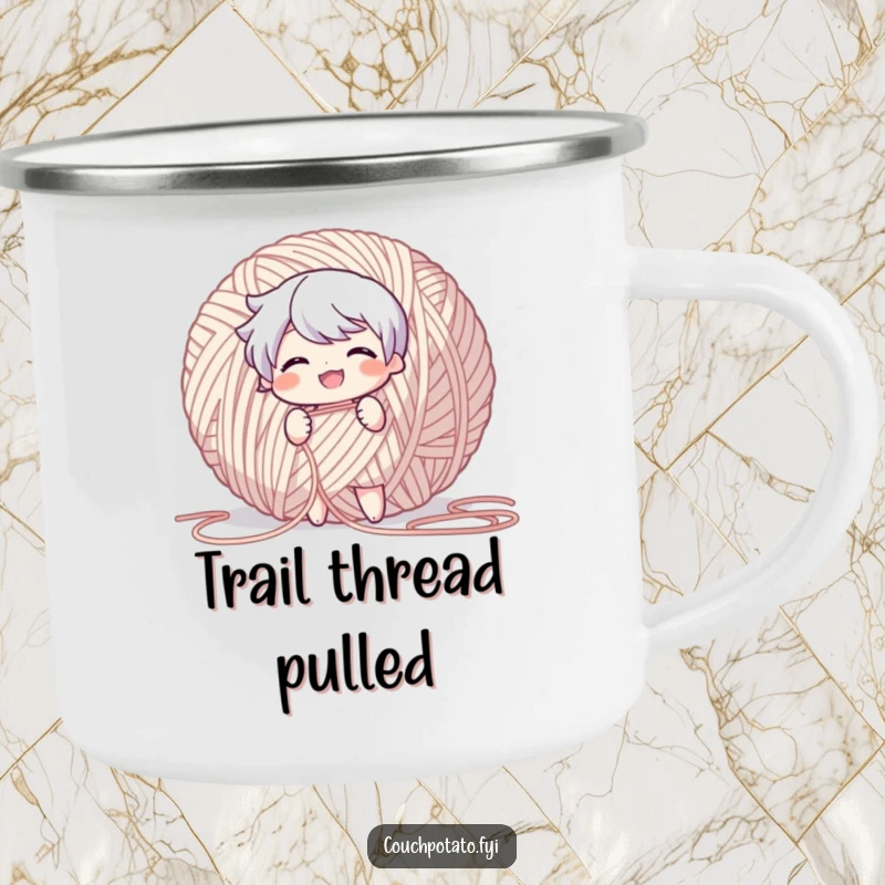 Funny Camping Mug with a character grinning and pulling a long thread from a giant yarn ball, for outdoor fun.