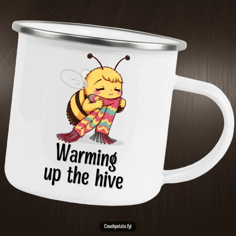 Funny Bee Camping Mug: A busy bee concentrates on knitting a long, colorful scarf, perfect for outdoor crafting sessions.