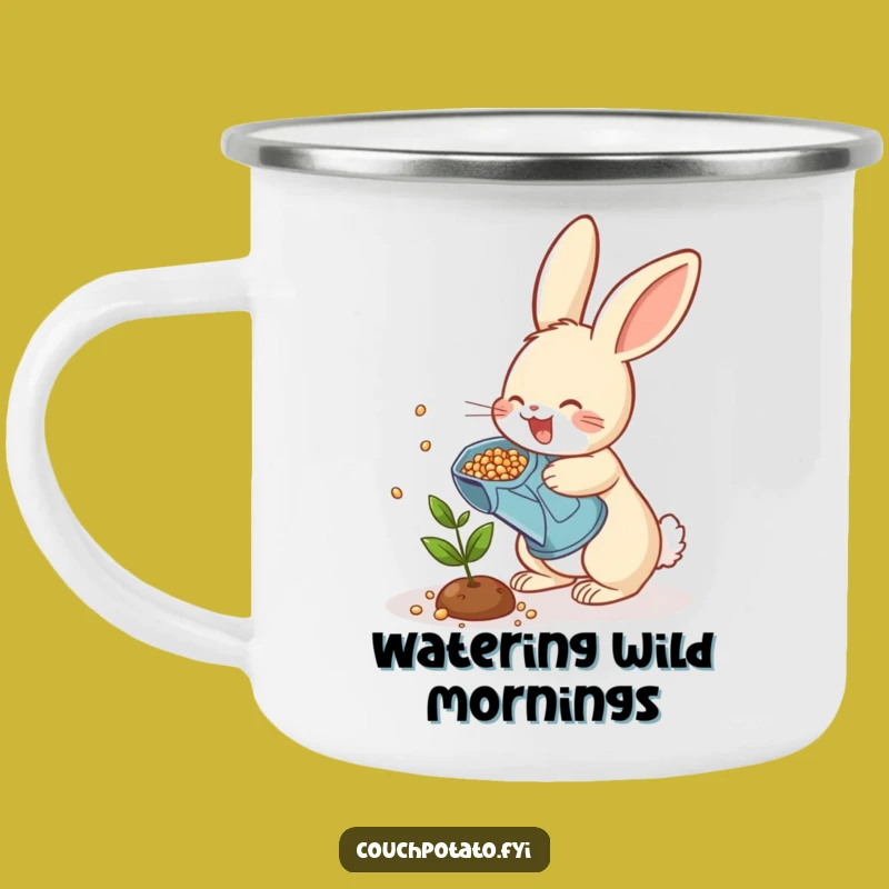 Funny Rabbit Gardener Camping Mug - Cheerful Seed Scattering Outdoor Gift