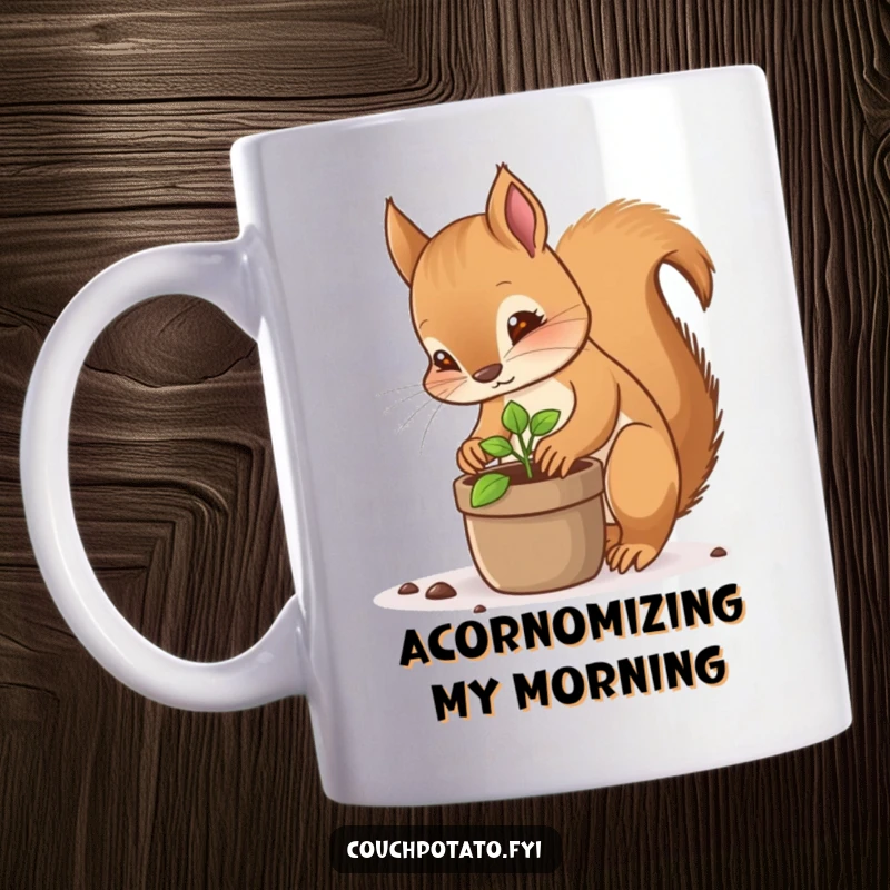 Funny squirrel planter mug, a focused squirrel meticulously planting a tiny sprout in a pot, cute gardening gift.