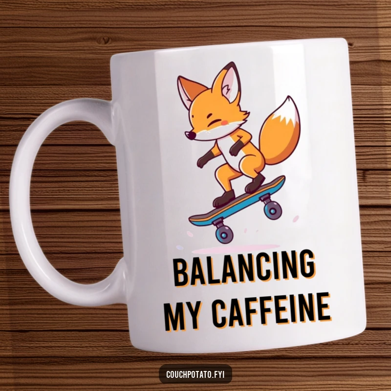 Funny Fox Skateboard Mug: A daring fox masterfully balances on a single skateboard wheel, performing an impressive trick.