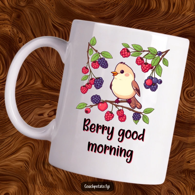 Funny mug showcasing a busy bird meticulously tasting different colored berries from various tree branches, enjoying its delicious findings.