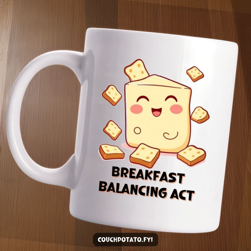 Funny mug showing a winking cream cheese wedge expertly juggling small pieces of toast, a humorous breakfast scene.