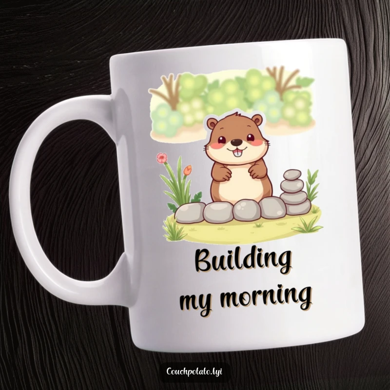 Funny beaver mug, a smiling beaver is busy stacking small stones to construct a garden border, full of cheerful determination.