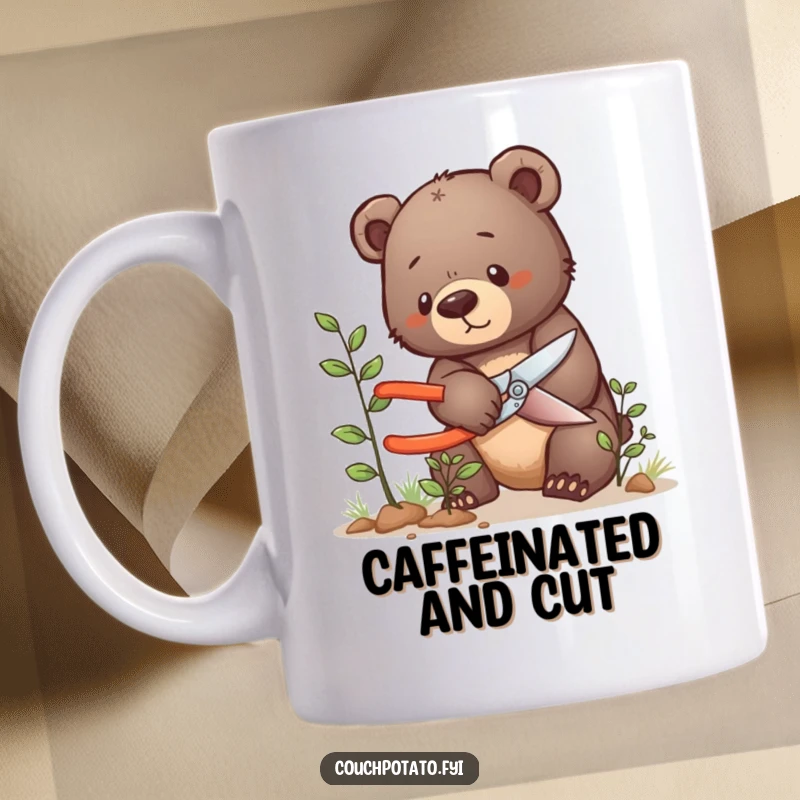 Funny bear cub mug, a determined bear cub is carefully pruning a tiny bush with small shears, showing focus.