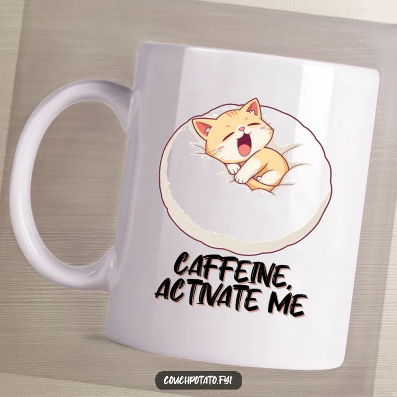 Funny sleepy cat mug featuring a cat curled on a giant pillow, yawning widely, capturing the essence of morning grogginess.