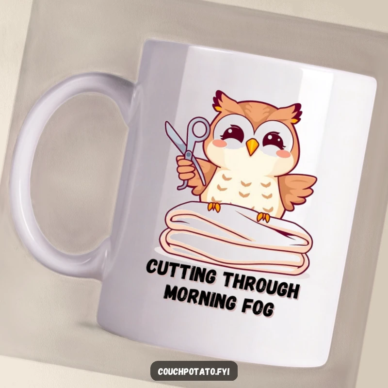 Funny, joyful owl perched above neatly folded fabric, holding scissors with a determined look, a charming mug.