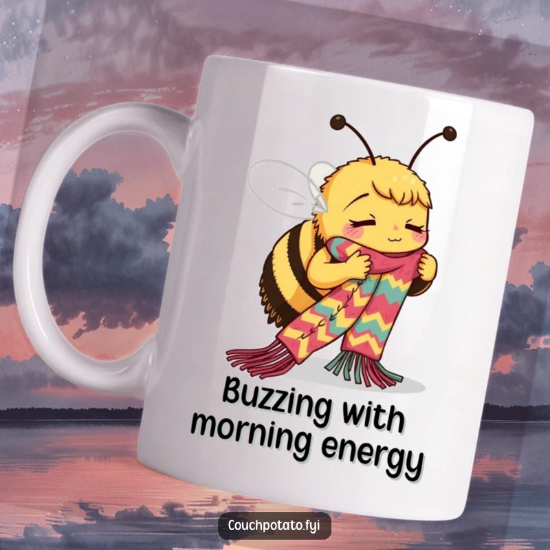 Funny Bee Knitting Mug: A busy bee skillfully knits a long, colorful scarf with intense concentration, a charming crafter.