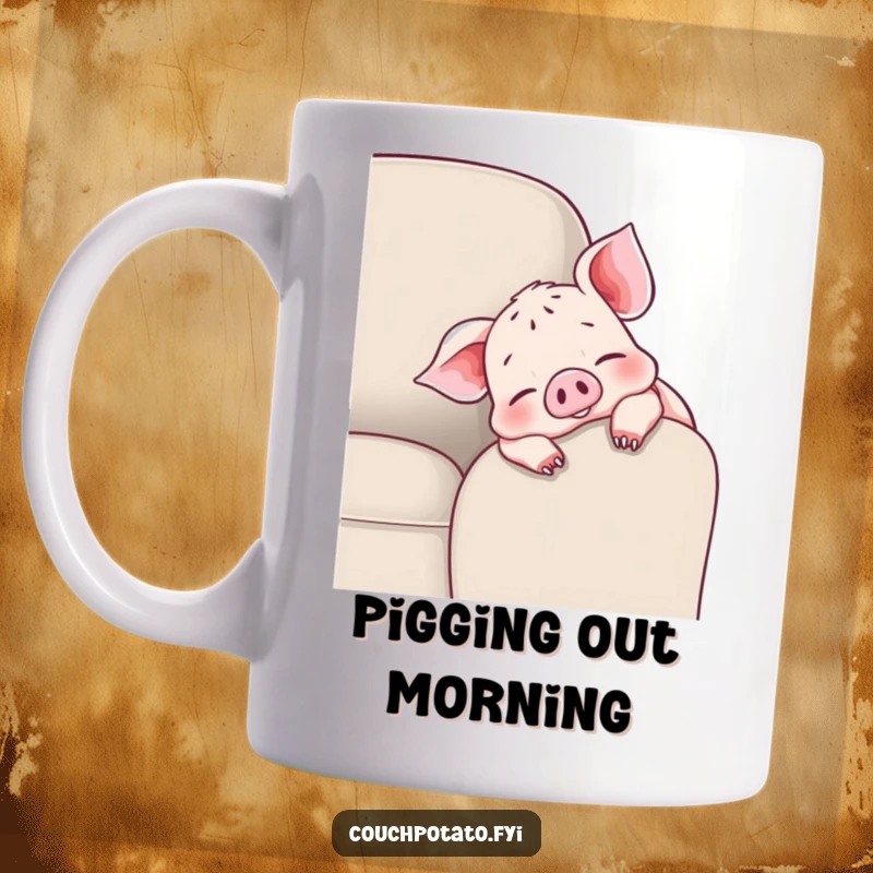 Funny cheerful piglet mug with a piglet draped over a couch armrest, wiggling toes, symbolizing relaxation and happiness.