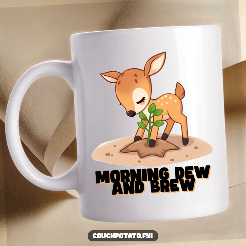 Funny deer mug, gently patting soil around a tiny sapling with a playful expression, embodying nature's care.
