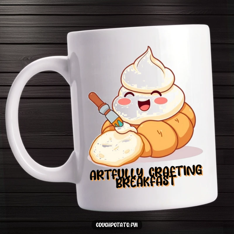 Funny mug showing a happy cream cheese tub painting a croissant with artistic flair, embodying culinary creativity.