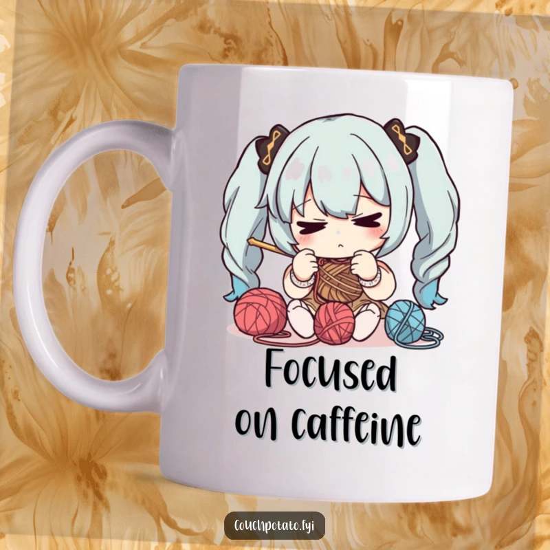Funny mug featuring a character with intense focus, manipulating yarn and needles, highlighting the concentration of a dedicated crafter.