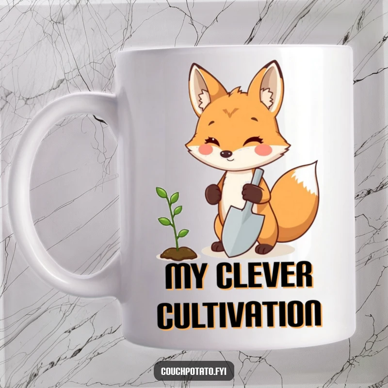 Funny fox gardener mug, a proud fox holding a miniature shovel next to a sprouting seedling, charming and humorous garden gift.