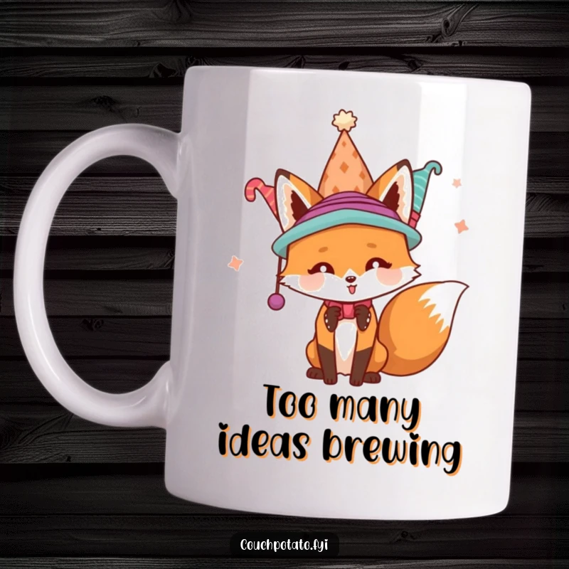 Funny playful fox wearing multiple hats simultaneously, depicted on a ceramic mug, showcasing chaotic charm and humor.