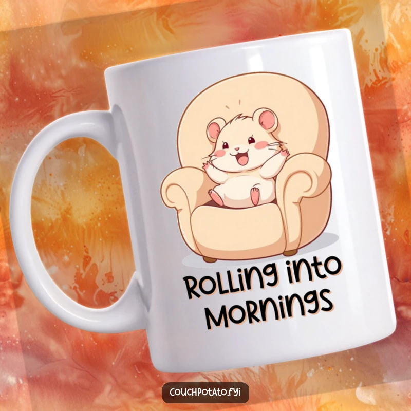 Funny cheerful hamster character happily rolling inside a giant, plush armchair, depicted humorously on a mug.