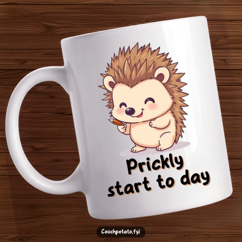 Funny mug showing a smiling hedgehog using its own quills as drawing tools, creating art with adorable determination and a cheerful grin.