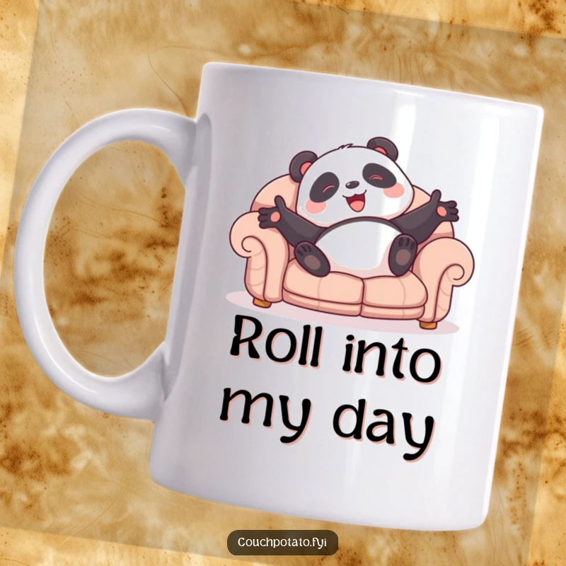 Funny panda mug showing a giggling character gleefully rolling on a large sofa with arms wide open, radiating pure joy.