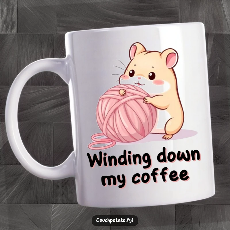 Funny, playful hamster enthusiastically tangling with a huge ball of yarn, a charming mug for crafters.