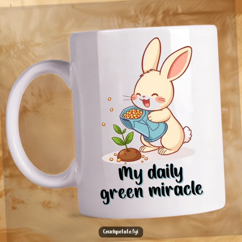 Funny rabbit gardener mug, a cheerful bunny scattering seeds from a watering can onto a tiny plant, perfect for nature lovers.
