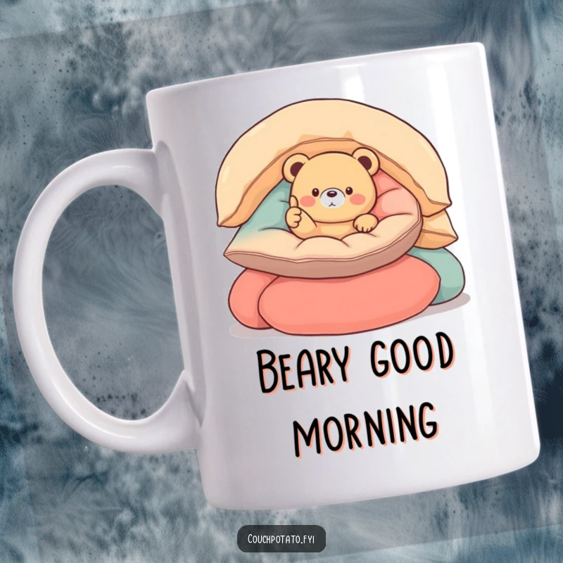 Funny round bear mug with a small, round bear nestled in cushions, giving a thumbs up, radiating happiness and comfort.