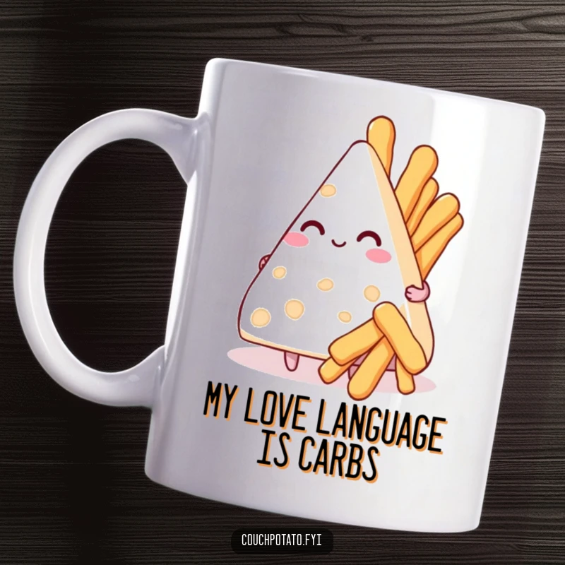 Funny mug with a triangle of cream cheese holding a bouquet of small breadsticks, looking utterly smitten and in love.