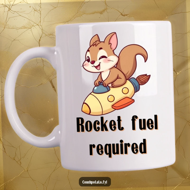 Funny squirrel rocket mug showing a fearless squirrel grinning while riding a small rocket ship through the sky.