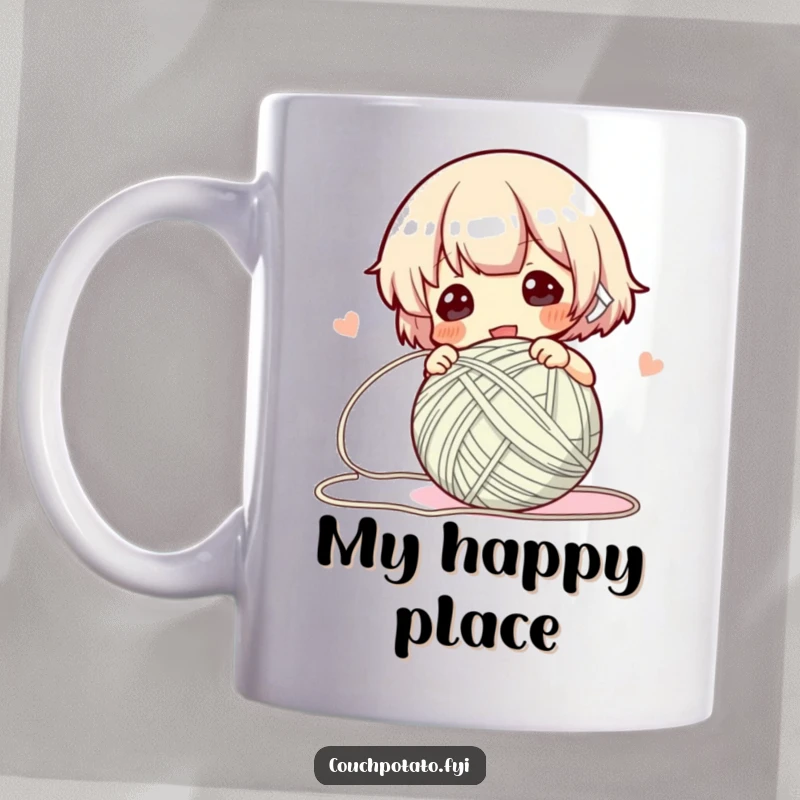 Funny Mug featuring a character swiftly winding yarn into a perfect ball, capturing the speed and neatness of the craft.