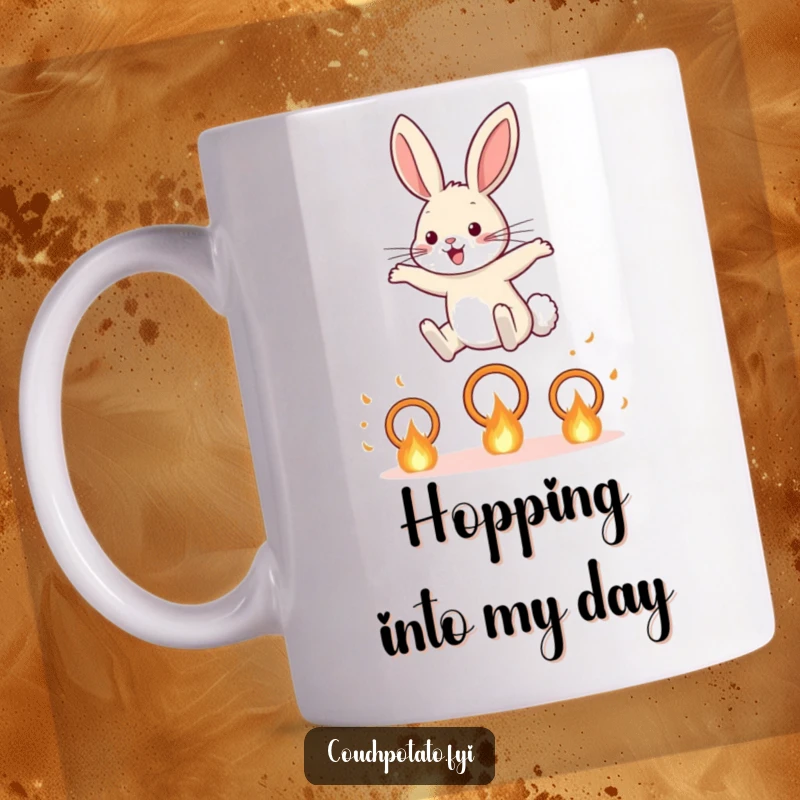 Funny Rabbit Mug: A brave rabbit courageously leaps through flaming hoops, showcasing determination and a hint of daredevil spirit.