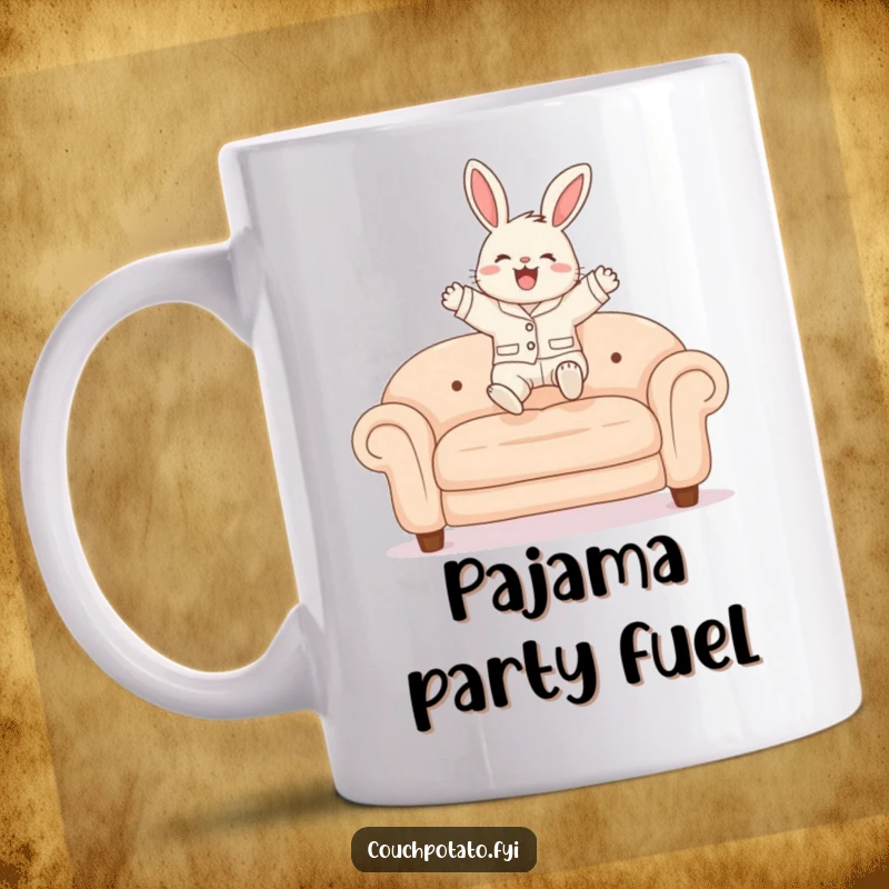 Funny Bunny Pajama Mug featuring a fluffy bunny in pajamas happily jumping onto a soft sofa, spreading cheer and comfort.