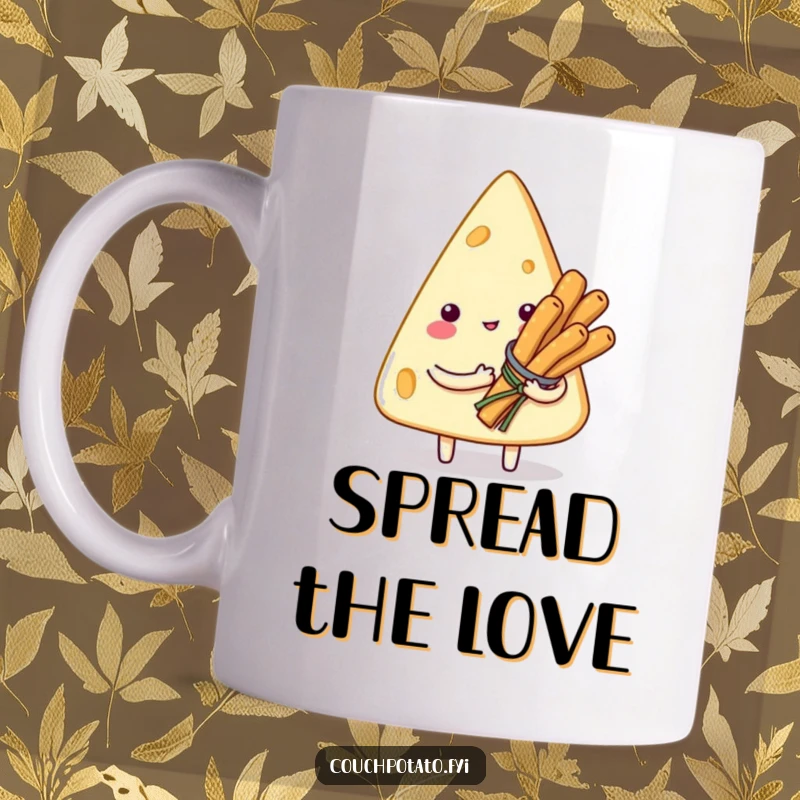 Funny mug with a smitten cream cheese wedge character offering a bouquet of little breadsticks, expressing love and humor.