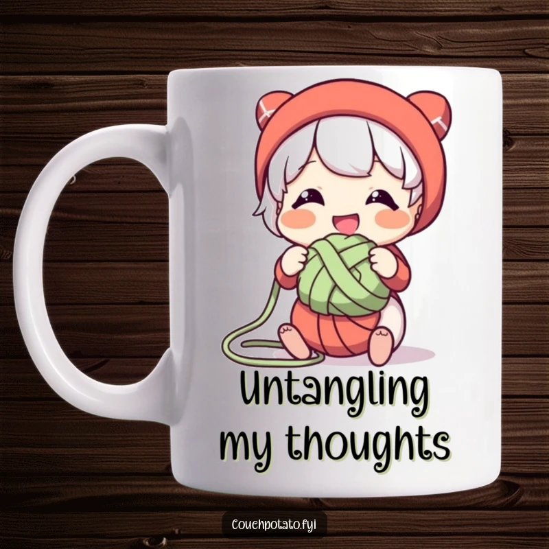 Funny mug showing a character smiling while playfully untangling a stubborn knot of yarn, symbolizing perseverance in crafting.
